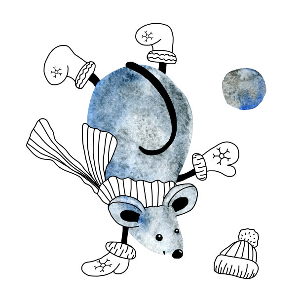 穿着冬装的老鼠玩雪球，喜迎新年。手绘水彩插画，含有2020年和圣诞节元素，可用于日历和明信片设计。图片下载