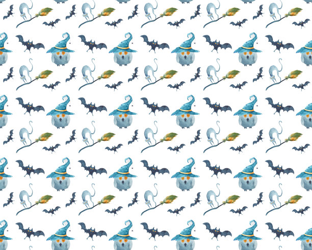 水彩万圣节无缝图案。手绘魔术符号在白色的背景。猫，蝙蝠，扫帚，猫头鹰，巫师的帽子。假期的设计。图片下载