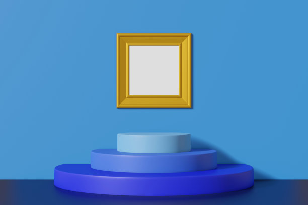 方形古董模型画框金色挂在蓝色的墙上。抽象的多色卡通室内与讲台。三维渲染图片下载