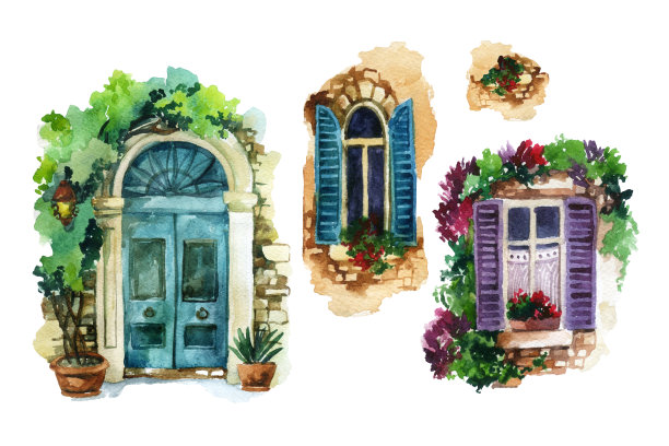水彩传统的旧式门窗与盆花，砖石，灯笼图片下载