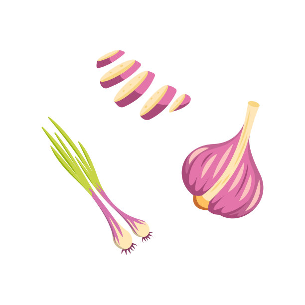 半片、切片和全蒜分离载体集。卡通风格的维他命蔬菜。图片下载