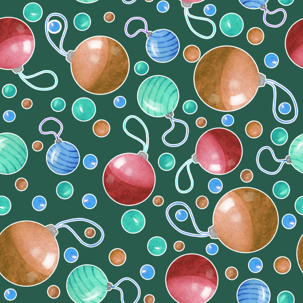 手绘水彩背景。圣诞无缝图案与新年的玩具和球。漂亮的插图。图片下载