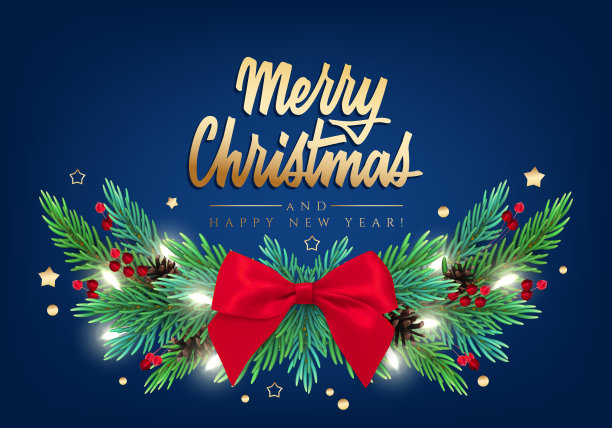 新年贺卡与绿色花环的圣诞树树枝装饰和字母图片下载