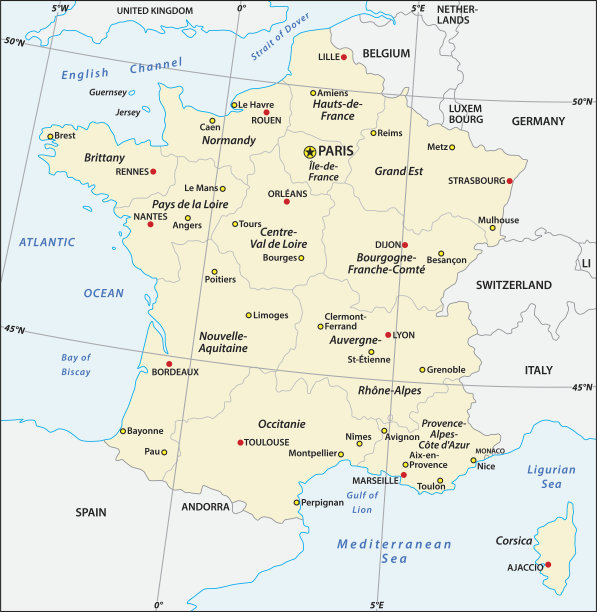 有经纬度的法国行政地图图片下载