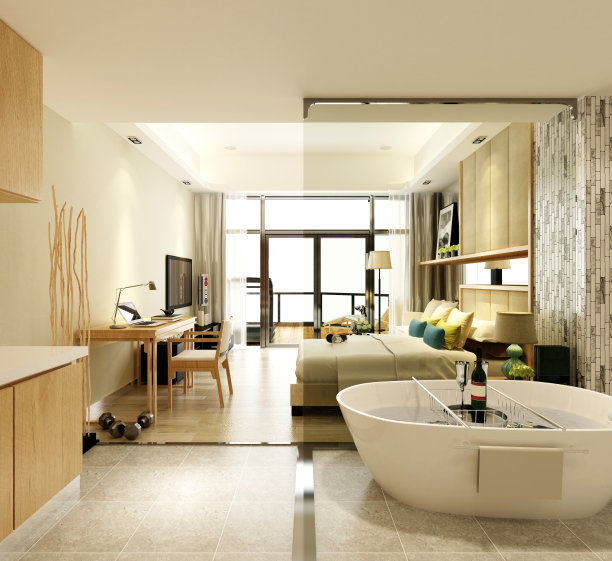 现代酒店房间的3d渲染图片下载