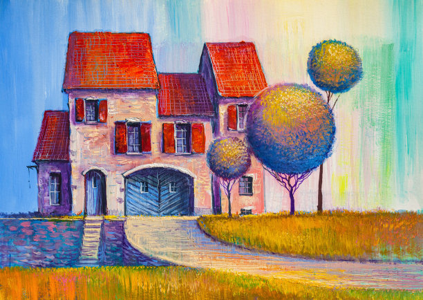 油画，村子里的房子图片下载