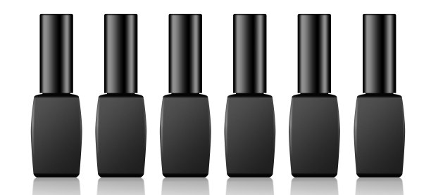 指甲化妆品孤立在白色背景。平面布局，前视图清漆在黑色瓶子与复制空间和对象为您的设计，白色背景，插图，包装，广告。图片下载