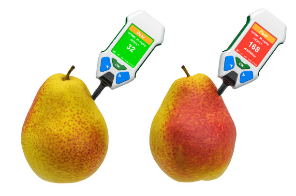 梨硝酸盐测试仪。梨中硝酸盐含量的测定，正常范围和高于正常范围。3D渲染孤立的白色背景图片下载