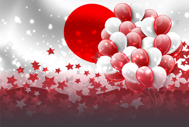 日本国家的概念。横幅或海报为当地的日本节日，独立日，昭和，Emperorâ的生日，国家基金会。五彩纸屑装饰气球和红白国旗。矢量插图。图片下载