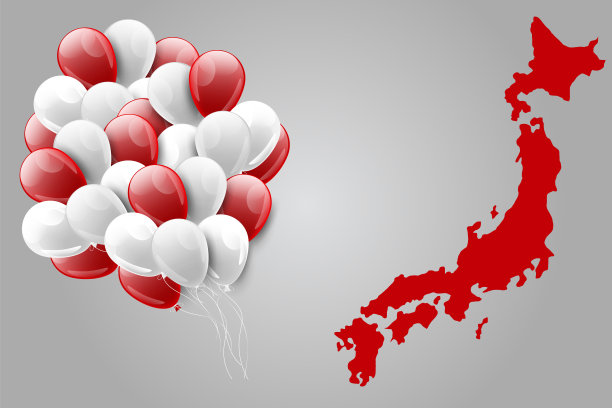 日本国家的概念。横幅或海报为当地的日本节日，独立日，昭和，Emperorâ的生日，国家基金会。气球和领土形状地图。矢量插图。图片下载