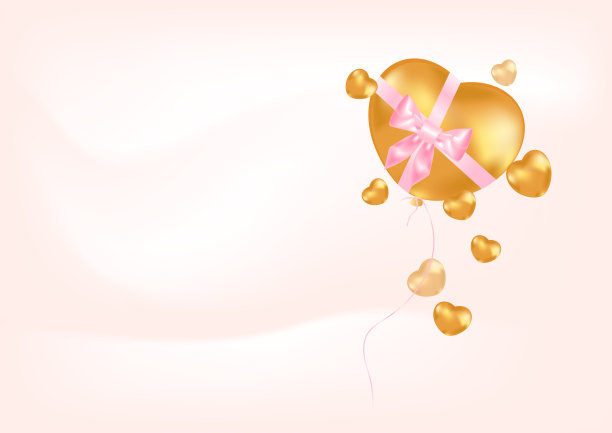 金色气球心与弓和小的金色心在模糊的粉红色背景图片下载