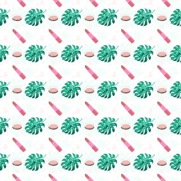 可爱的无缝图案与怪物的叶子，口红和女粉图片下载