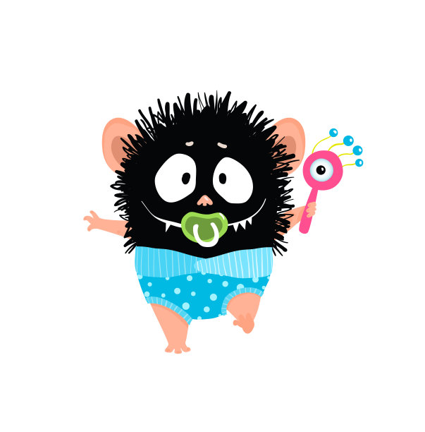 快乐的小男孩怪物，带着奶嘴和穿着蓝色尿布的叮当声走着。图片下载