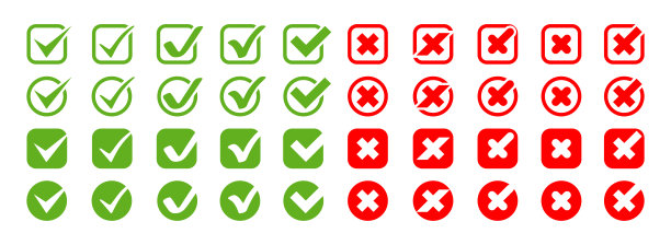 集合复选标记与交叉向量图标。勾选标记图标和十字架图标在现代简单的平面设计。检查标记与叉不同的形状和颜色图片下载