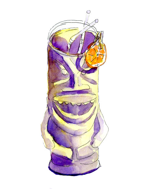 饮料水彩。橙汁鸡尾酒，小雕像杯，吸管。水彩夏季菜单图片下载