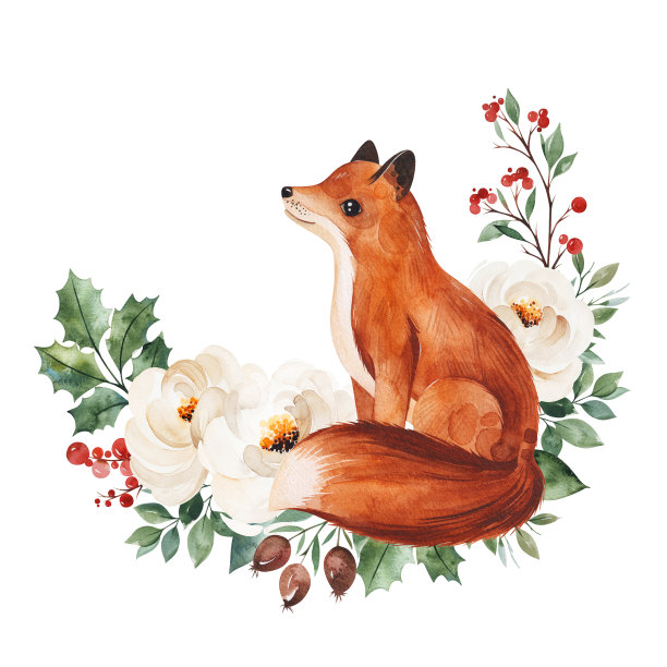 冬天的花束有树叶、树枝、鲜花、浆果、冬青树和可爱的小狐狸素材图片