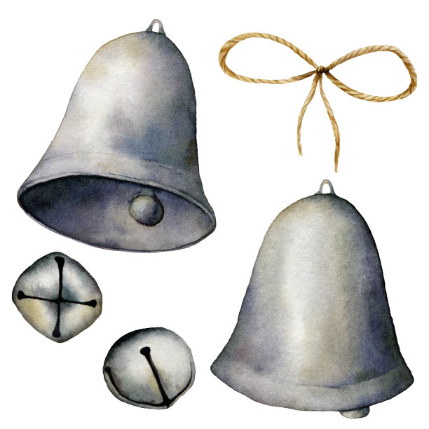 水彩圣诞设置银铃和蝴蝶结。手绘假日装饰孤立在白色背景。复古插图设计，印刷，织物或背景。图片下载