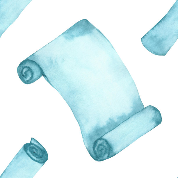 水彩手画浪漫的无缝图案与浅蓝色卷轴单孤立在白色的背景与文本的空间纹理纺织和背景图片下载