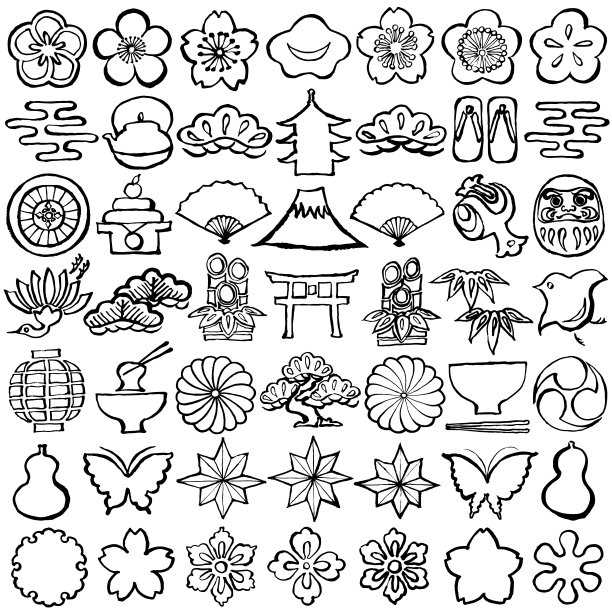 一套日本设计图标。手绘插图。图片下载