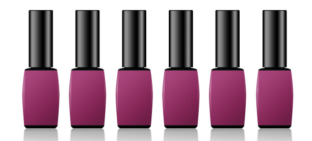 甲油套装，六瓶甲油的插图，紫色的烧瓶，白色的背景，为您的设计复制空间，漆为相同的颜色，时尚的搪瓷。图片下载