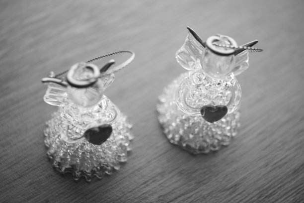 桌子上有两个小天使雕像，黑白照片，俯视图。图片下载