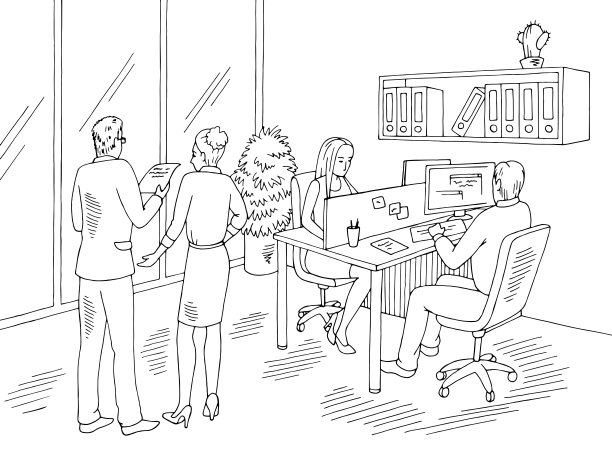 人们在办公室工作的黑白图形，室内素描插图矢量图片下载