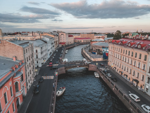 莫伊卡河在夕阳下的航拍照片。河船，俯视图。俄罗斯,圣彼得堡图片下载