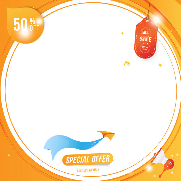 社交页面的横幅。特惠特卖50%飞机，白色背景扬声器图片下载