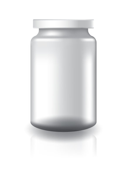 空白透明圆罐，白色盖，大尺寸补充剂或食品。孤立在白色背景与反射阴影。可用于包装设计。矢量插图。图片下载