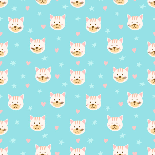 可爱的无缝图案猫脸和星星。背景与动物的孩子-猫。适用于纺织、面料、制造等。图片下载