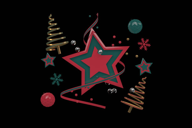 3D星形状与飞行的圣诞装饰品和球体在黑色的背景图片下载
