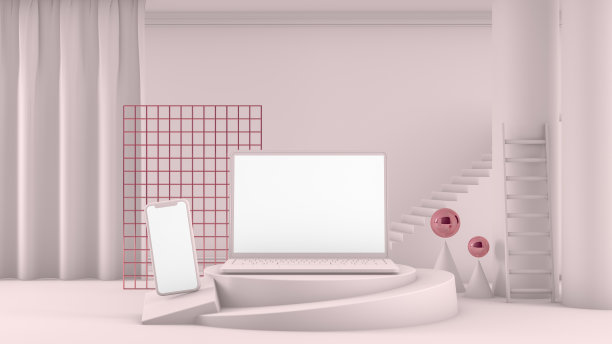 3D空笔记本电脑和智能手机屏幕与楼梯，平台在粉红色的房间图片下载