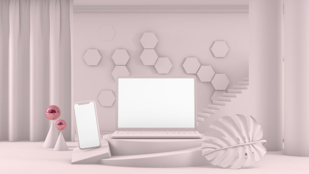 3D空笔记本电脑和智能手机屏幕与楼梯，平台在粉红色的房间图片下载