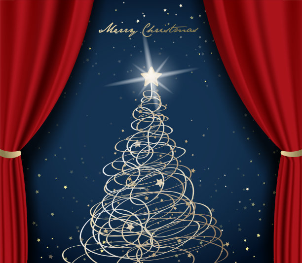圣诞快乐矢量插图与许多星星在红色的窗帘背景。图片下载