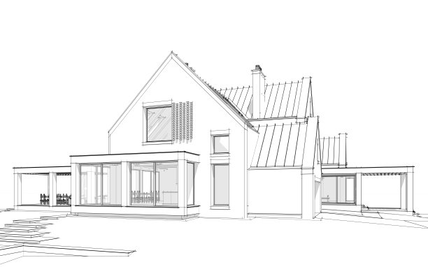池塘上现代熟料房的3d渲染，白色背景上有水池黑线图片下载