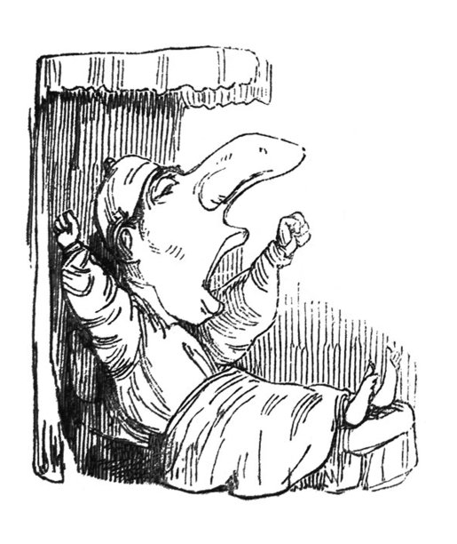 英国讽刺漫画漫画插图-男人有非常大的鼻子伸展在床上图片下载