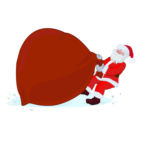 快乐的圣诞老人拉着一个装满礼物的又大又重的袋子。矢量插图。在白色背景上隔离图片下载