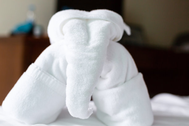 白色毛巾折叠成大象的形状，是酒店传统服务问候的象征图片下载