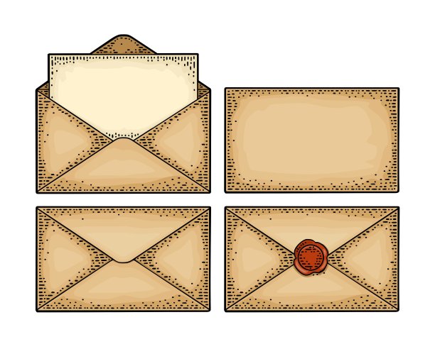 设纸信封不同视角。矢量彩色复古版画图片下载