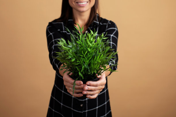 一位戴眼镜的年轻女子把一朵花放在花盆里。拯救地球图片下载