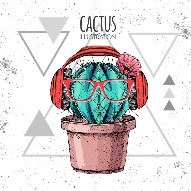 手绘仙人掌矢量插图与耳机grunge三角形背景图片下载
