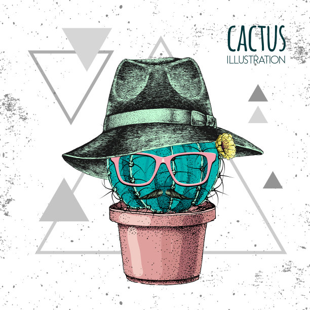 手绘时髦的仙人掌与胡子和帽子。矢量插图在垃圾三角形背景图片下载