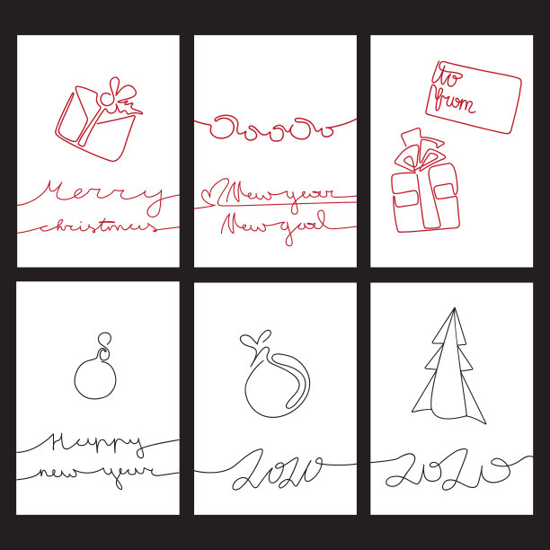 一套有文字和元素的圣诞、新年贺卡。矢量设计的壁纸，邀请，印刷品，贺卡，海报。一条线在白色孤立的背景上绘制。图片下载