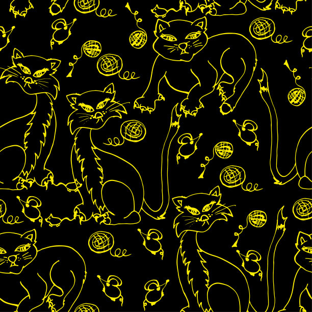 有线索的猫和老鼠。手绘无缝模式。明亮的轮廓,涂鸦。图片下载