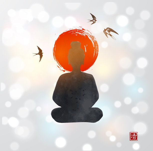 佛像的剪影，大红日和飞燕。传统的东方水墨画粟娥、月仙、围棋。象形文字,清晰。图片下载