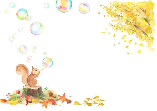 水彩画的松鼠吹肥皂泡下的银杏树素材图片