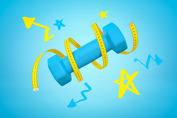 蓝色哑铃的3d渲染与黄色的卷尺，星星和箭头在蓝色的背景图片下载