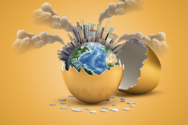 3d渲染的地球覆盖了城市摩天大楼和工厂的烟管孵化出金色的鸡蛋在黄色的背景图片下载