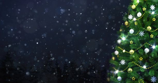 装饰圣诞树在冬天雪林晚上下雪，右侧特写图片下载