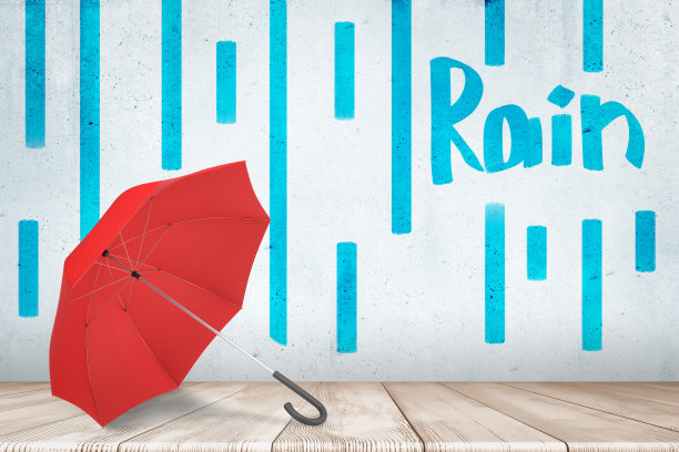 3d渲染红色伞与蓝色“雨”标志和手绘雨模式在白色墙壁的背景图片下载